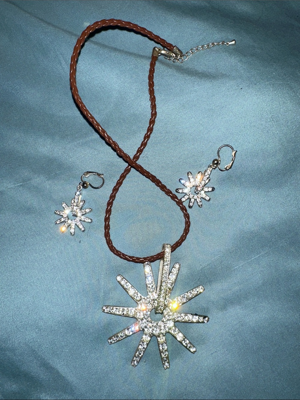 Crystal spur Pendant Necklace on Brown Braided Cord and matching earrings